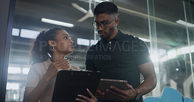 Buy stock photo Clipboard, talking and volunteer with people at pound for adoption application, team and charity. Animal welfare organization, foster care agreement and pet form with man and woman with paperwork