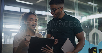 Buy stock photo Clipboard, team and volunteer with people at pound for adoption application, discussion and charity. Animal welfare organization, foster care agreement and pet form with man and woman with paperwork