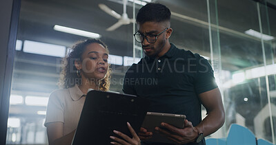 Buy stock photo Clipboard, reading and volunteer with people at pound for adoption application, team and charity. Animal welfare organization, foster care agreement and pet form with man and woman with paperwork