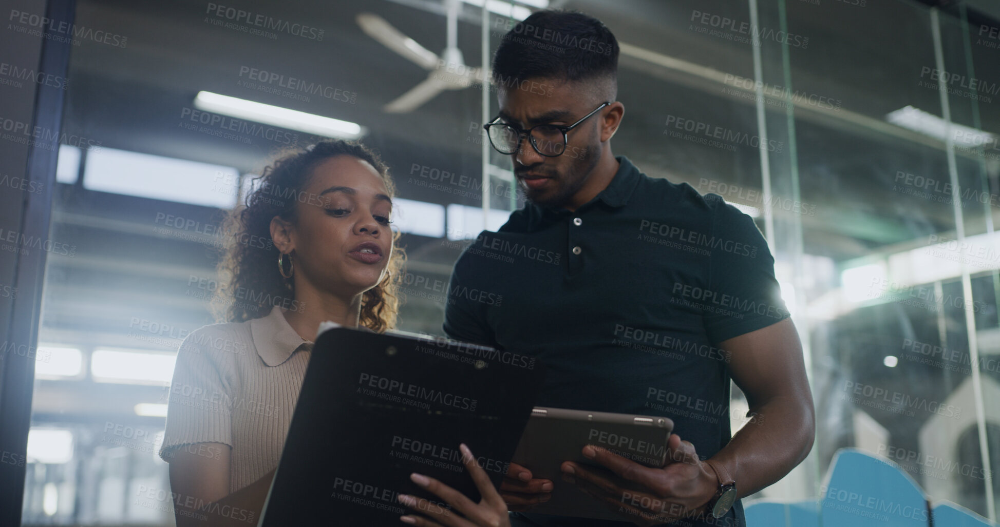 Buy stock photo Clipboard, reading and volunteer with people at pound for adoption application, team and charity. Animal welfare organization, foster care agreement and pet form with man and woman with paperwork