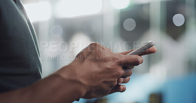 Buy stock photo Phone, hands and business person in office for email, social media and review article. Mobile, copywriter and text with app for communication, message and feedback for blog on internet with bokeh