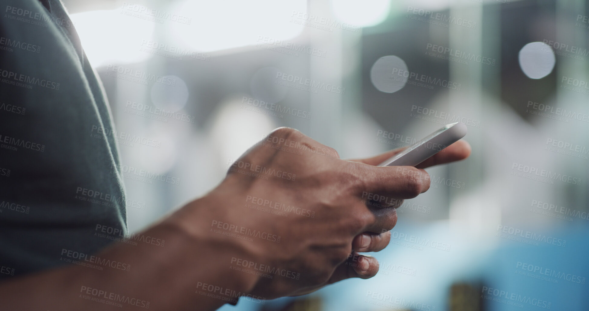 Buy stock photo Phone, hands and business person in office for email, social media and review article. Mobile, copywriter and text with app for communication, message and feedback for blog on internet with bokeh