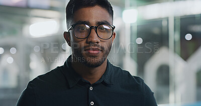 Buy stock photo Man, portrait and ngo with glasses in shelter for volunteering, animal service or donation campaign. Male person, caretaker or adoption agent with startup for rescue or pet charity at indoor center