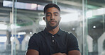Portrait, intern and man with arms crossed, office and pride for career development and opportunity. Confident, reporter and person with ambition for personal growth, journalism job and internship