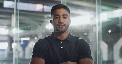 Buy stock photo Portrait, volunteer and man with arms crossed, animal shelter or service for homeless pets at night. Confident, adoption counselor or person in rescue center to help, serious or working late in India