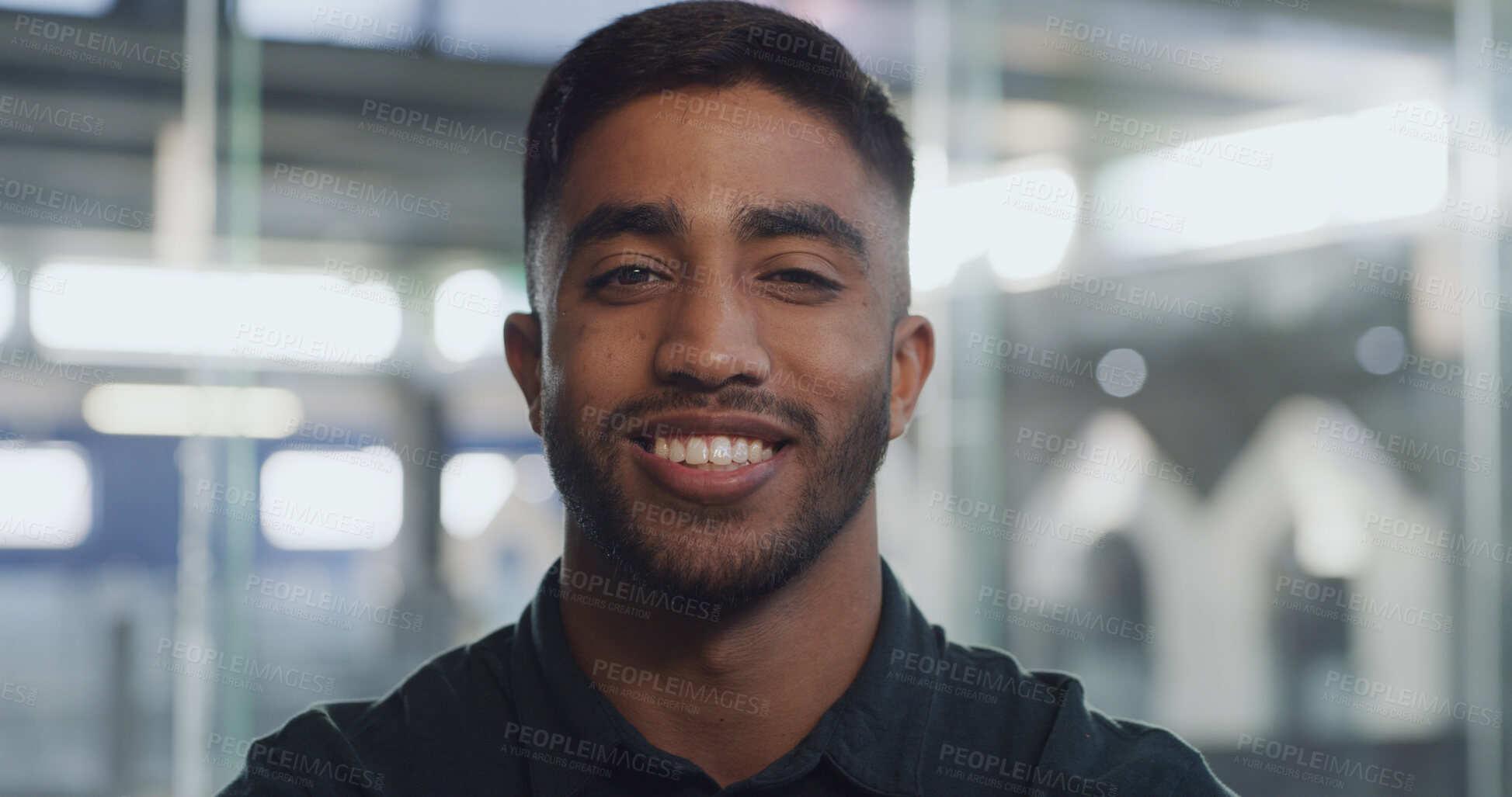 Buy stock photo Portrait, intern and man with smile, office or opportunity for career growth in newsroom or creative. Confident, reporter and person with ambition for skill development, journalism job and internship