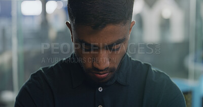 Buy stock photo Burnout, doubt and regret with business man in office at night for deadline failure or pressure. Anxiety, mistake and stress with unhappy employee in dark workplace for evening guilt or reflection