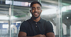 Portrait, arms crossed and man with smile, office or ambition for career growth in newsroom or pride. Confident, reporter and person with opportunity for skill development, happy and internship