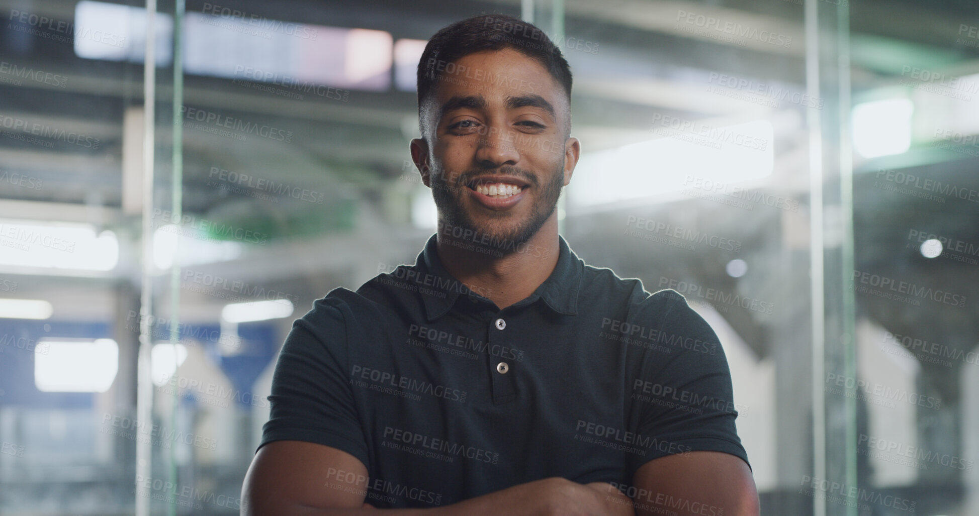 Buy stock photo Portrait, arms crossed and man with smile, animal shelter or happy to help, NGO or community service. Confident, adoption counselor and rescue center for homeless pets, person and charity in India