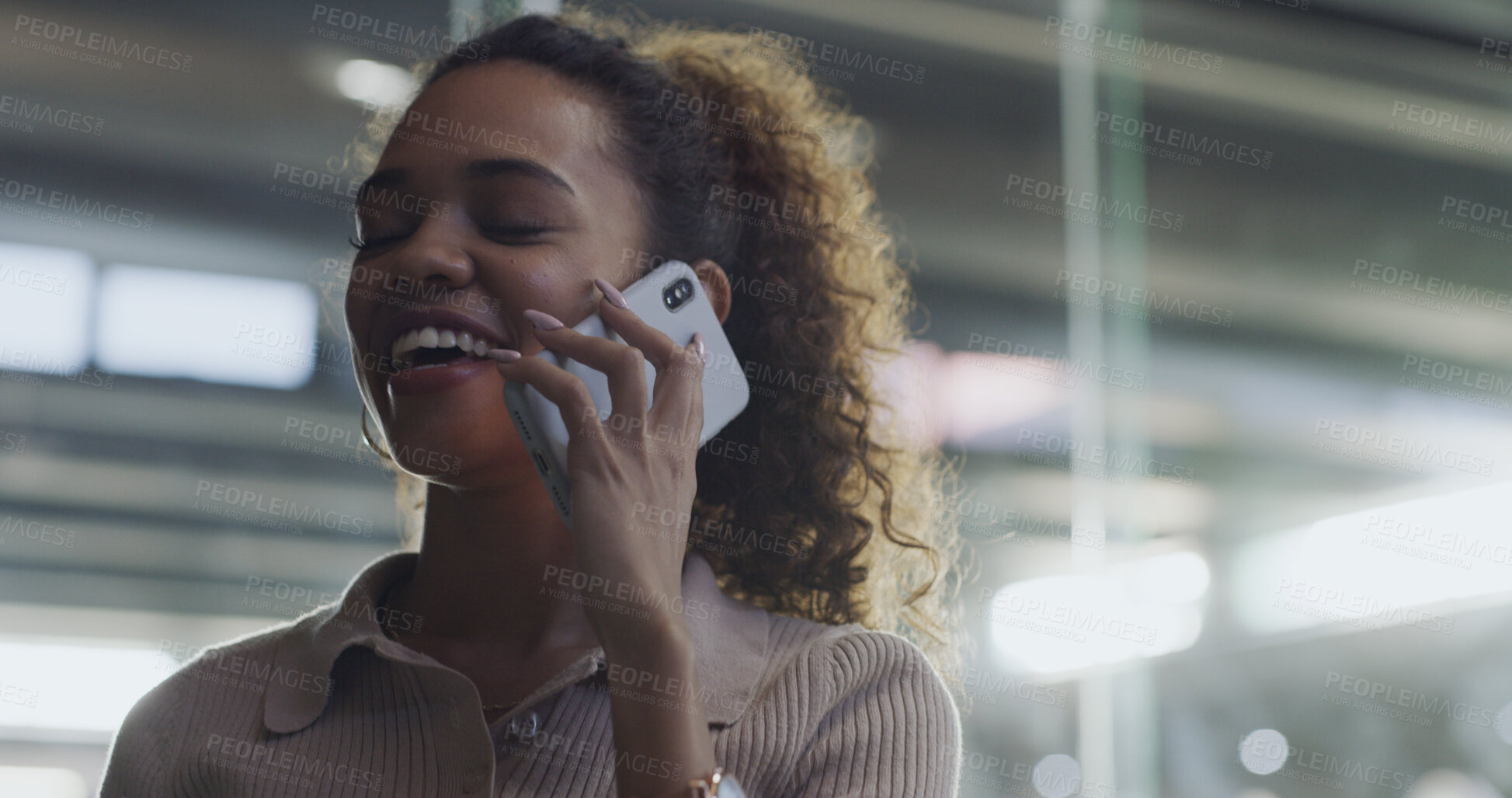 Buy stock photo Woman, happy and phone call at office for talk, funny joke or conversation at startup company. Person, smartphone and laugh with story, gossip or listen for chat on mobile network at creative agency