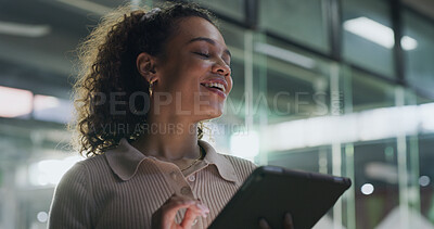 Buy stock photo Laughing, tablet and thinking with business woman in office at night for creative research or planning. App, development and solution with happy designer at work in evening for good news or relief