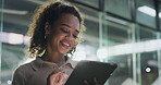 Design, smile and tablet with business woman in office at night for creative research or planning. App, development and reading with happy designer in workplace for evening feedback or review