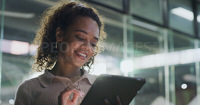 Buy stock photo Design, smile and tablet with business woman in office at night for creative research or planning. App, development and reading with happy designer in workplace for evening feedback or review