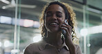 Woman, smile and phone call at office for talk, funny joke or conversation at startup company. Person, smartphone and laugh with story, gossip or listen for chat on mobile network at creative agency