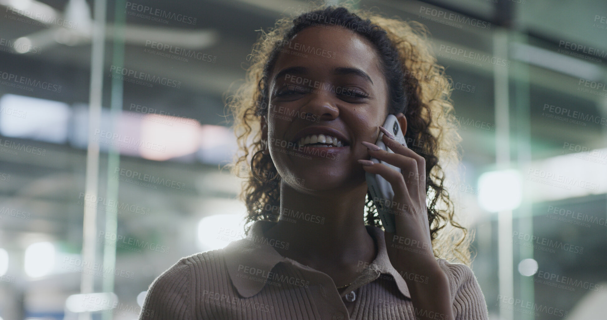 Buy stock photo Woman, smile and phone call at office for talk, funny joke or conversation at startup company. Person, smartphone and laugh with story, gossip or listen for chat on mobile network at creative agency