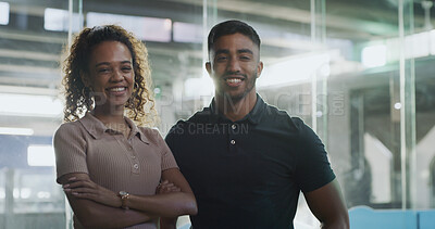 Buy stock photo Adoption center, volunteer and portrait of people with pride for charity, NGO and welfare service. Animal shelter, sanctuary and happy man and woman with crossed arms for rescue, foster care and team