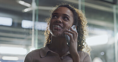 Buy stock photo Woman, thinking and phone call at office for talk, listen or conversation at startup company. Person, smartphone and happy with contact, networking and discussion for proposal at creative agency