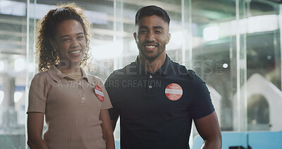 Buy stock photo Collaboration, portrait and smile of friends at animal shelter for adoption, pet rescue or humanitarianism. Charity, foster care and responsibility with people at kennel or pound for volunteer work