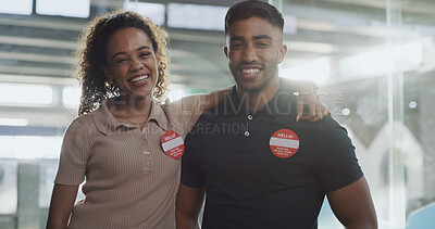 Buy stock photo Collaboration, hug and portrait of friends at animal shelter for adoption, pet rescue or humanitarianism. Foster care, responsibility and smile with people at kennel or pound for volunteer work