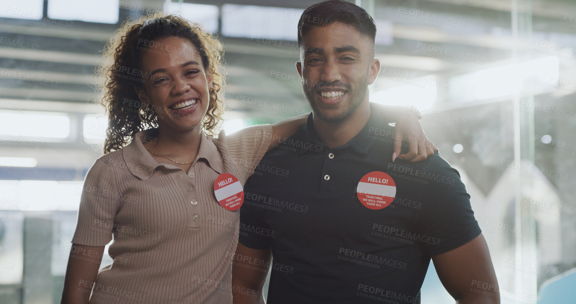 Buy stock photo Collaboration, hug and portrait of friends at animal shelter for adoption, pet rescue or humanitarianism. Foster care, responsibility and smile with people at kennel or pound for volunteer work