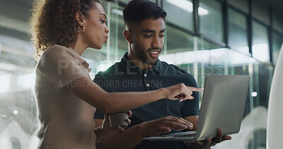 Buy stock photo Man, woman and discussion with laptop at office, smile and planning, point or review at startup company. People, computer and collaboration for feedback, team or project management at creative agency