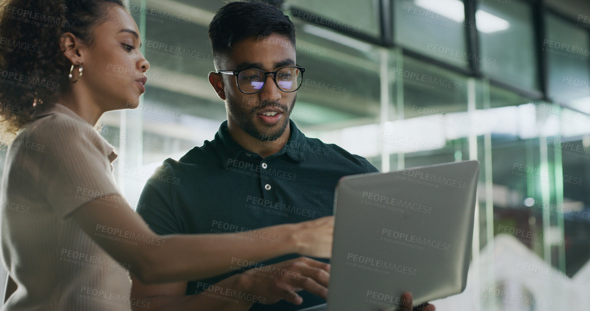 Buy stock photo Laptop, meeting and web developers in office with troubleshooting online problem. Computer, conversation and IT professionals with technology for website crash, mistake or error in workplace.