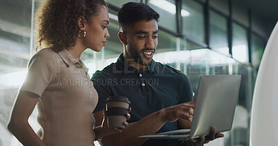 Buy stock photo Man, woman and talk with laptop at office, smile and planning, proposal or review at startup company. People, computer and discussion with feedback, advice or project management at creative agency