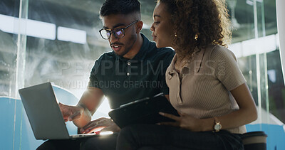 Buy stock photo People, programmer and talk with laptop in office for coding, software update and testing program. Staff, reading and PC for IT collaboration, troubleshooting website and problem solving of debugging