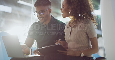 Buy stock photo People, programmer and team with laptop in office for coding, software update and testing program. Staff, reading and pc for IT collaboration, troubleshooting website and problem solving of debugging