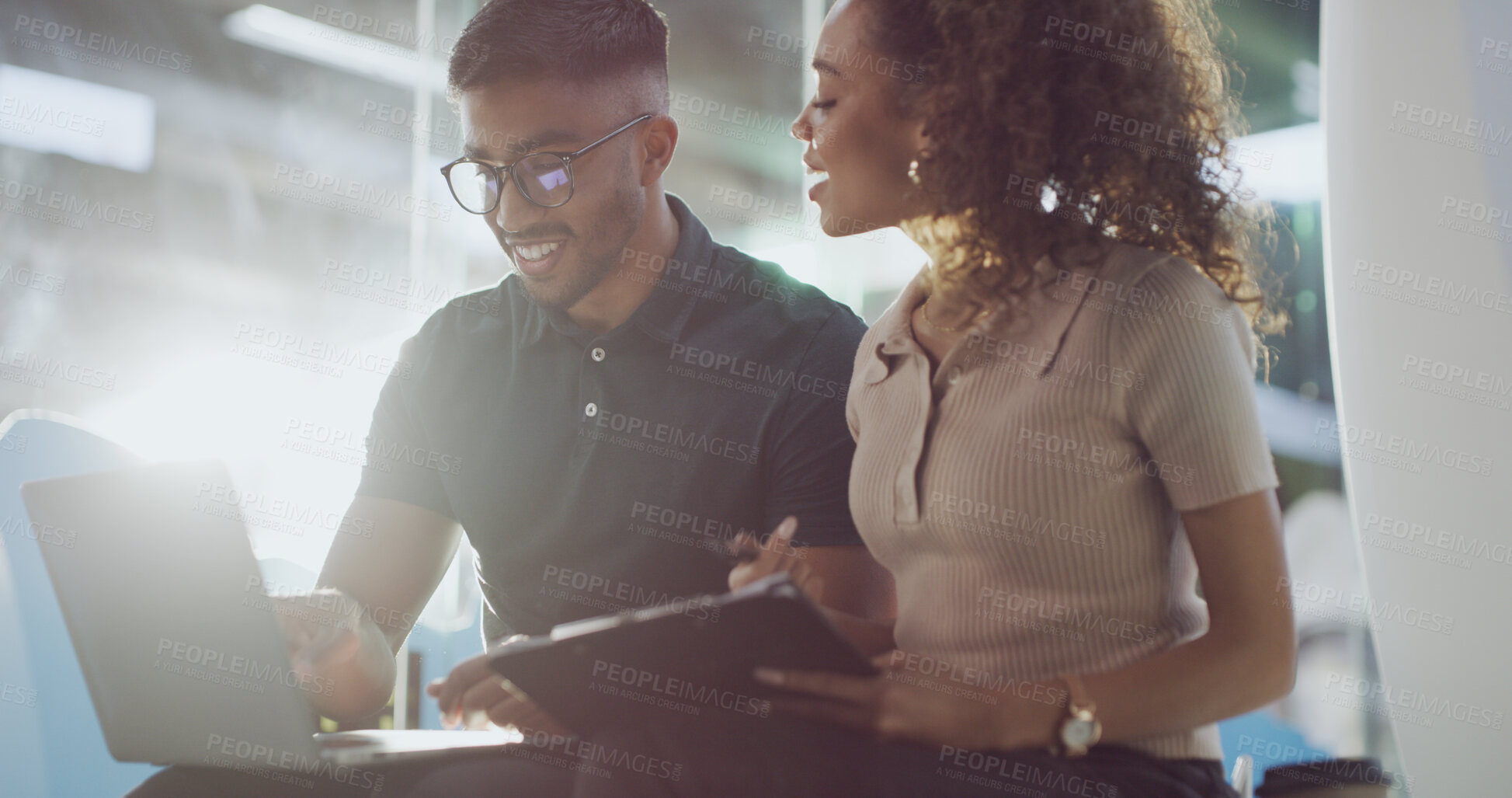 Buy stock photo People, programmer and team with laptop in office for coding, software update and testing program. Staff, reading and pc for IT collaboration, troubleshooting website and problem solving of debugging