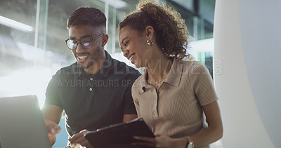 Buy stock photo Smile, people and programmer with laptop in office for help, software update and testing program. Staff, reading and PC for IT collaboration, troubleshooting website and problem solving of debugging