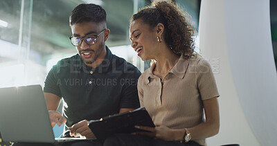 Buy stock photo Happy, people and programmer with laptop in office for help, software update and testing program. Staff, reading and pc for IT collaboration, troubleshooting website and problem solving of debugging