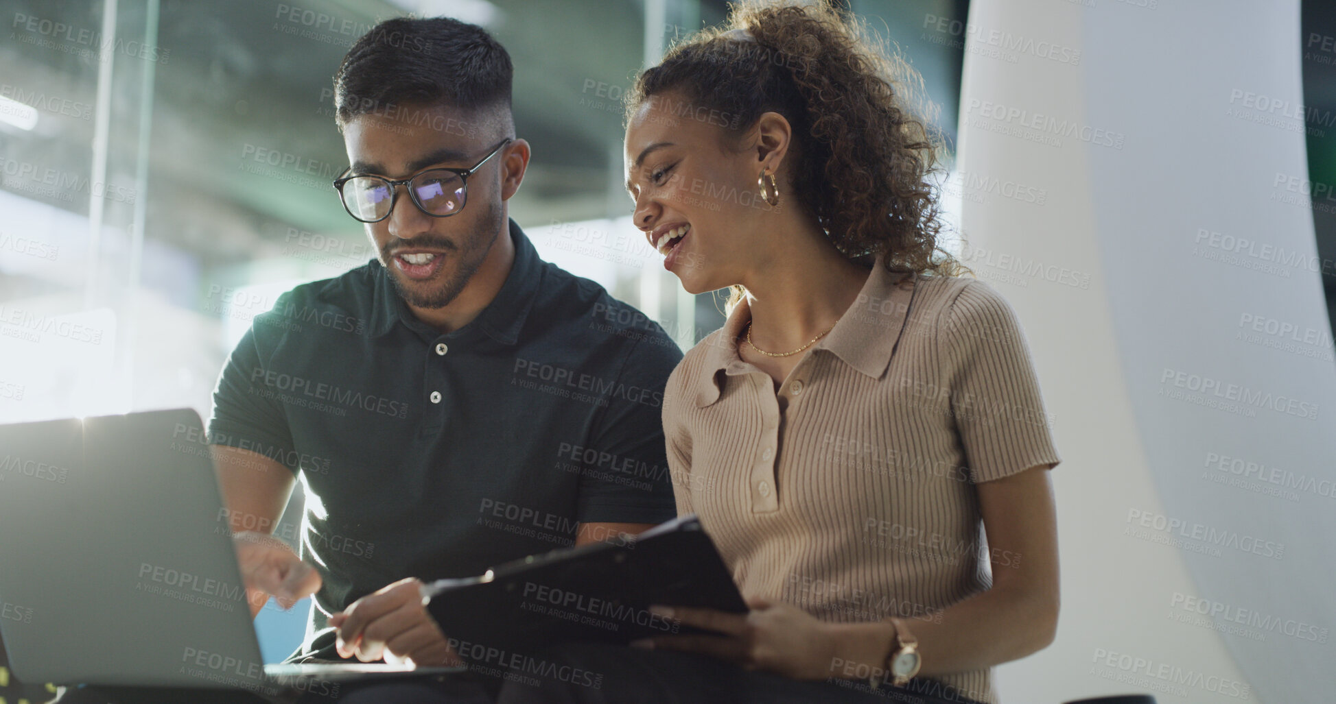 Buy stock photo Happy, people and programmer with laptop in office for help, software update and testing program. Staff, reading and pc for IT collaboration, troubleshooting website and problem solving of debugging