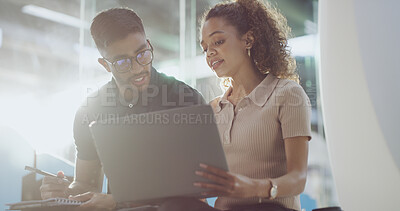 Buy stock photo People, problem solving and teamwork with laptop, office and debugging program on website and flare. Business, programmer and collaboration with tech for code review, man and discussion with woman