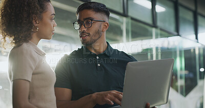 Buy stock photo People, talking and teamwork with laptop, office or debugging program on website or problem solving. Business, programmer and collaboration with tech for code review, man and discussion with woman