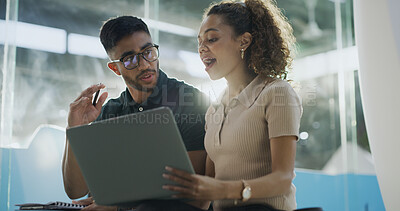 Buy stock photo Laptop, happy and web developers in office with discussion for troubleshooting online problem solving. Computer, conversation and IT professionals with technology for website issue in workplace.