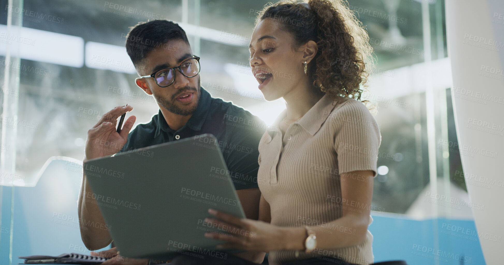 Buy stock photo Laptop, happy and web developers in office with discussion for troubleshooting online problem solving. Computer, conversation and IT professionals with technology for website issue in workplace.