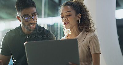 Buy stock photo Laptop, discussion and web developers in office with troubleshooting online problem. Computer, team and IT professionals with conversation on technology for technical issue on website in workplace.