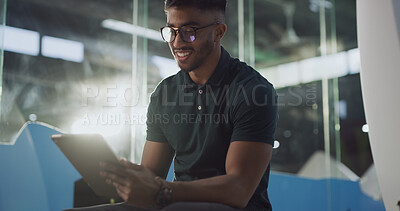 Buy stock photo Happy, employee and man with tablet, office or testing application at night or software development. Working late, person and programming with tech on website, flare and debugging app in business
