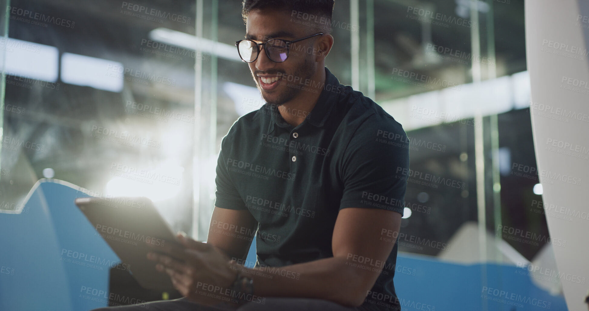 Buy stock photo Happy, employee and man with tablet, office or testing application at night or software development. Working late, person and programming with tech on website, flare and debugging app in business