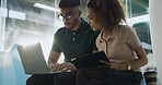 People, programmer and typing on laptop in office for coding, software update and testing program. Staff, reading and pc for IT collaboration, troubleshooting website and problem solving of debugging