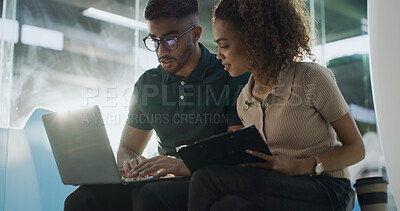 Buy stock photo People, programmer and typing on laptop in office for coding, software update and testing program. Staff, reading and pc for IT collaboration, troubleshooting website and problem solving of debugging