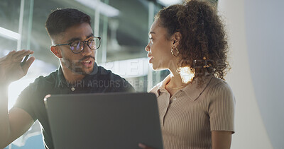 Buy stock photo Man, woman and planning with laptop at office, talk and review for problem solving at startup company. People, computer and discussion with feedback, advice or project management at creative agency