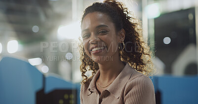 Buy stock photo Portrait, smile and waiting with woman in terminal of airport for flight or international journey. Airline, commute and travel with excited passenger in lobby at night for adventure or immigration