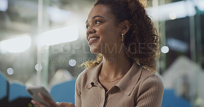 Buy stock photo Phone, smile and thinking with woman in terminal of airport for flight booking or travel schedule. Agenda, app and check in with happy passenger in waiting room at night for communication or trip