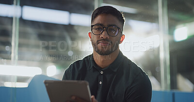 Buy stock photo Animal shelter, tablet and portrait of man for online research, pet information or volunteer. Adoption center, sanctuary and person on digital tech for charity review, foster care and rescue website