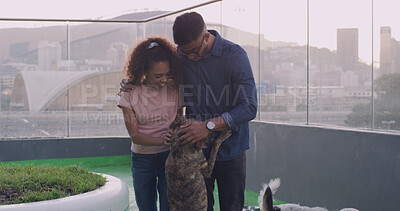 Buy stock photo Adoption, charity and dog with couple at animal shelter together for humanitarian responsibility. Bonding, foster care and pet rescue with people at kennel or pound to search for loyal companion