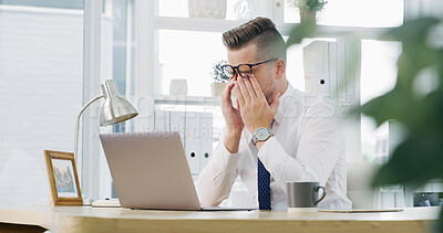 Buy stock photo Businessman, headache and laptop at office, eye strain and glasses with fatigue, burnout and pain. Person, computer and migraine with spectacles, stress or brain fog with vertigo at insurance agency