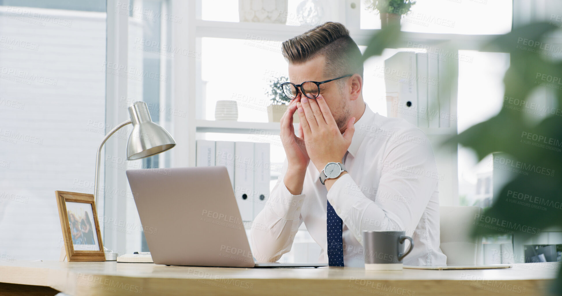 Buy stock photo Businessman, headache and laptop at office, eye strain and glasses with fatigue, burnout and pain. Person, computer and migraine with spectacles, stress or brain fog with vertigo at insurance agency