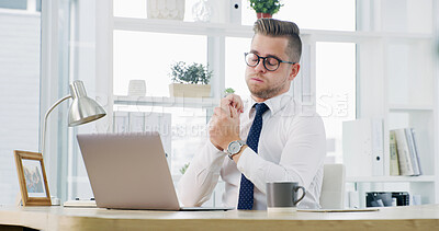 Buy stock photo Businessman, wrist pain and laptop at office, stress and frustrated with carpal tunnel at company. Person, computer and joint ache with massage, arthritis or exhausted with injury at insurance agency